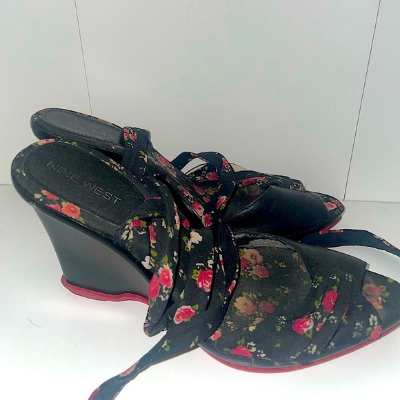 Ninewest red bottom lace up rose heels floral print heels floral wedges - Picture 1 of 7